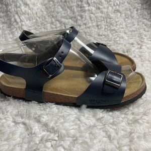 Seranoma synthetic Navy Blue ankle strap sandals silver tone buckles SZ11